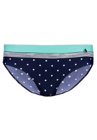 Chilot de bikini bleumarin cu buline albe, talie verde mentă și accente cu dungi orizontale. Include un detaliu mic cu logo.