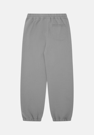 Pantaloni della tuta grigi con vita elastica, polsini affusolati e una sola tasca sul retro. Tessuto morbido con una superficie liscia e un design minimale.
