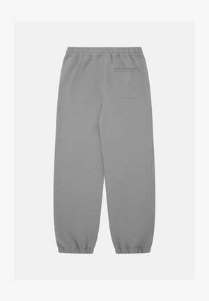 Grijze sweatpants met een elastische tailleband, taps toelopende boorden en een enkele achterzak. Zachte stof met een gladde textuur en een minimalistisch ontwerp.