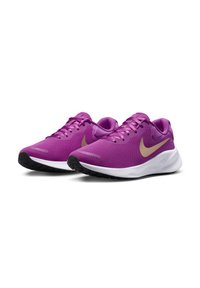 Purple athletic shoes with mesh upper, gold swoosh logo, lace-up closure, cushioned sole, and black rubber outsole.