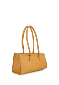 Yellow leather tote bag with a rectangular shape, two long handles, and a textured surface. Minimalist design with no visible hardware.