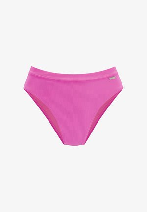 Roze geribbelde bikinionderkant met een hoge taille ontwerp, voorzien van contrasterende zijaccenten en een klein metalen merkteken.