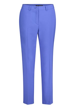 Pantalon à jambes droites de couleur bleu vif unie. Fabriqué dans un tissu lisse et léger avec une fermeture à boutons à l'avant et des passants pour ceinture.