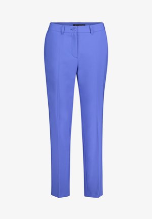 Pantalon à jambes droites de couleur bleu vif unie. Fabriqué dans un tissu lisse et léger avec une fermeture à boutons à l'avant et des passants pour ceinture.