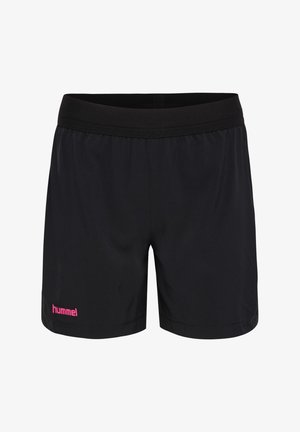 Zwarte sportshorts met elastische tailleband en roze hummel-logo op het linkerpijp, weergegeven op een witte achtergrond.