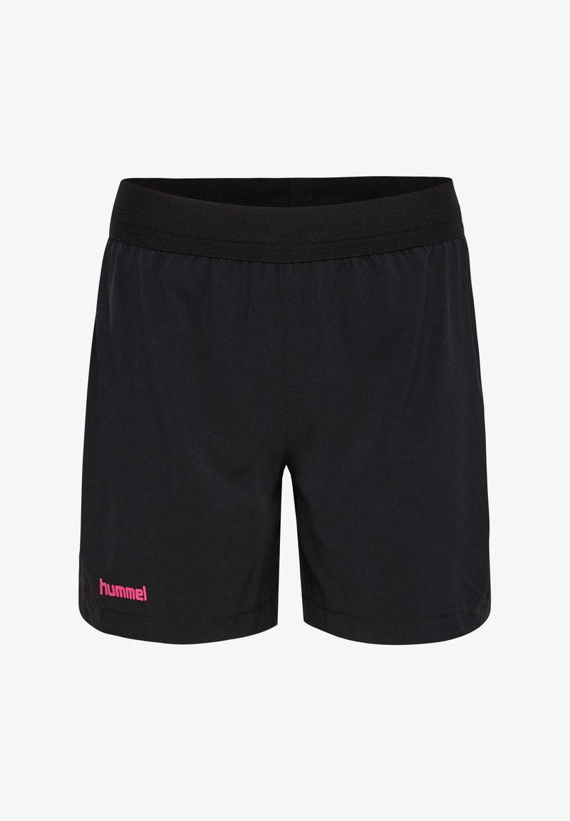 Pantalones cortos deportivos negros con cintura elástica y logo rosa de hummel en la pierna izquierda, exhibidos sobre un fondo blanco.