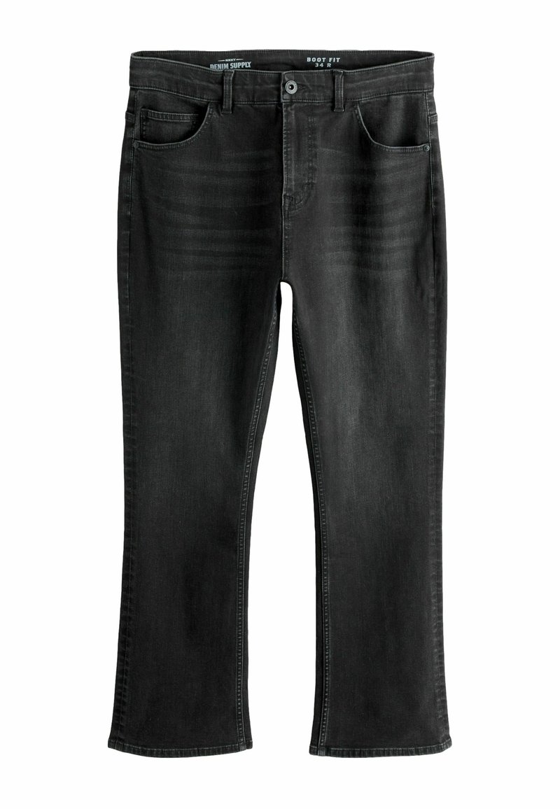 Sorte denim boot-cut jeans med en glat tekstur, fem lommer og subtile falmning detaljer langs fronten. Standard talje med knap.