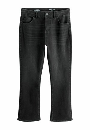 Schwarze Denim-Bootcut-Jeans mit glatter Textur, fünf Taschen und subtilen Verwaschungen an der Vorderseite. Standard-Taillenbund mit Knopf.