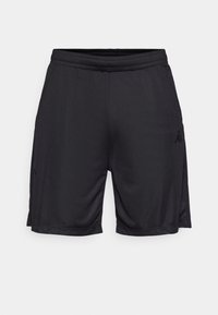 Zwarte sportshorts van gladde stof, met een elastische tailleband, zijzakken en een klein logo aan de onderlinkerkant voor.