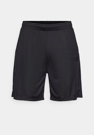 Black athletic shorts made of smooth fabric, featuring an elastic waistband, side pockets, and a small logo on the lower left front.