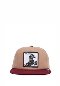 Beige cap with a maroon bill, features a square patch with a black stallion embroidery, and a contrasting white background.