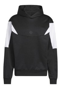 Sweat à capuche noir avec des panneaux blancs aux épaules, manches longues et un petit logo circulaire centré sur la poitrine.