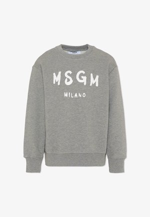 Sweatshirt gris avec col rond, arborant le texte blanc "MSGM MILANO" en gras, dans un style graffiti sur le devant. Texture de tissu douce.