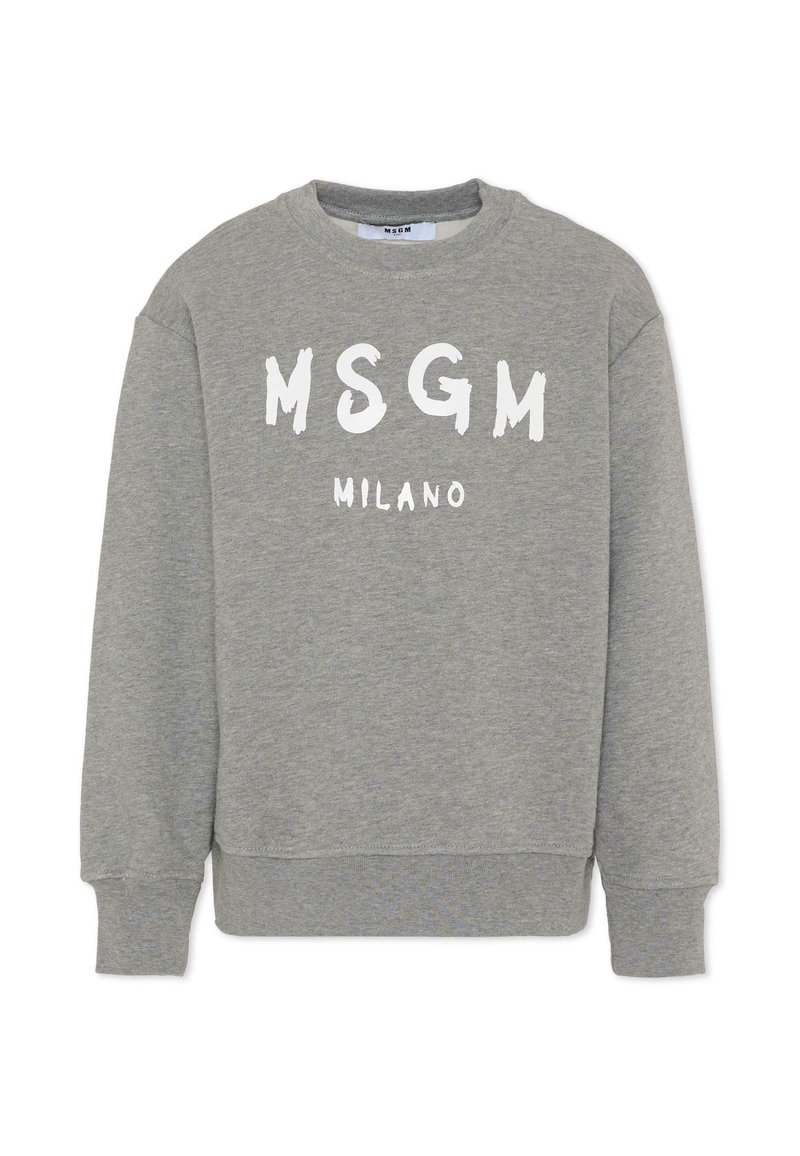 Grijze sweatshirt met ronde hals, voorzien van de witte tekst "MSGM MILANO" in vet, graffiti-achtige stijl op de voorkant. Zachte stoftextuur.