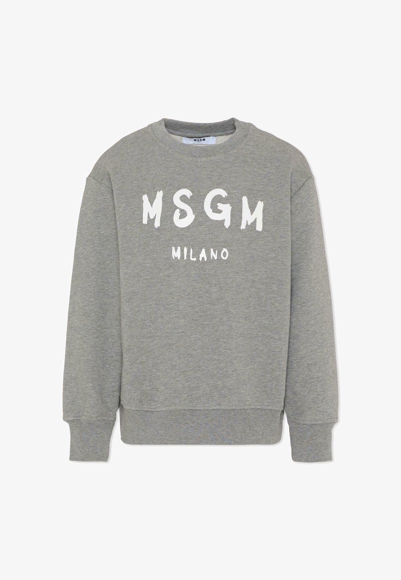 Felpa grigia con scollo rotondo, caratterizzata da testo bianco "MSGM MILANO" in grassetto, stile graffiti, sul davanti. Tessuto morbido.