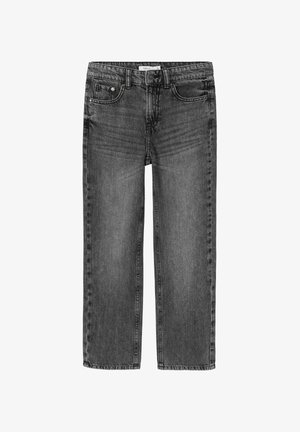 Jean denim gris foncé coupe droite avec cinq poches, fermeture par bouton et léger délavage au niveau des cuisses.