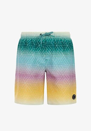 Mænds badeshorts med gradientfarver fra blågrøn til lilla til gul og et hvidt geometrisk mønster, med snøre i taljen.