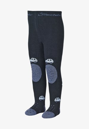 Marineblaue Strumpfhosen mit hellblauen Auto-Designs an den Knien. Verfügt über strukturierte Griffe an den Sohlen für Rutschfestigkeit. Weiches Strickmaterial.
