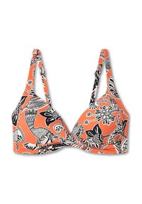 Haut de bikini triangulaire orange avec des motifs floraux et paisley noirs. Bretelles ajustables et détail avant torsadé. Texture lisse.