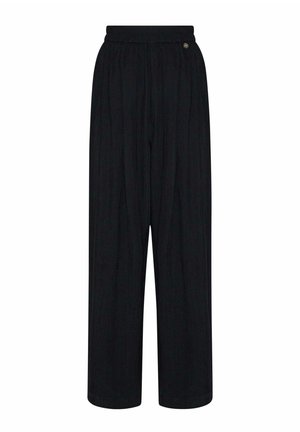 Pantaloni neri a vita alta con gamba larga, con fascia elastica in vita e pieghe sottili, caratterizzati da un piccolo logo metallico tondo vicino alla vita.