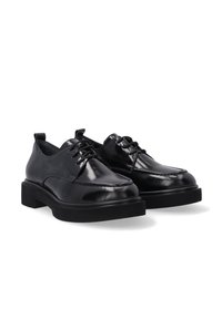 Schwarze Lederschuhe mit polierter Oberfläche, mit runder Schuhspitze, Schnürung und einer dicken schwarzen Gummisohle. Einfaches, schlankes Design.