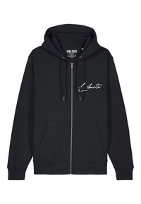 Haut en zip noir en tissu doux. Présente une poche avant, une capuche avec cordon de serrage et un texte en script blanc "Liberté" sur la poitrine.