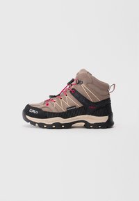 Tan and black waterproof hiking boot with red laces, sturdy sole, and brand logos on the side, designed for outdoor use.