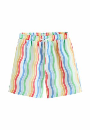 Krāsaini peldbikses ar viļņotu svītru rakstu sarkanā, dzeltenā, zaļā, zilā un pasteļtoņos, ar elastīgu jostu un auklu saišķi.