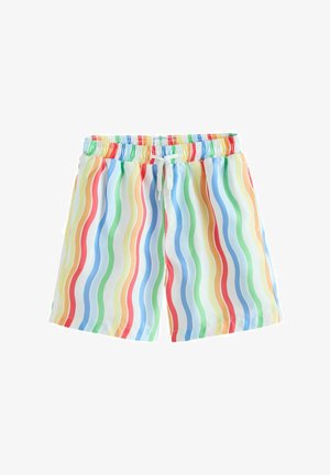 Šarene kupaće gaćice s valovitim prugastim uzorkom u crvenoj, žutoj, zelenoj, plavoj i pastelnim bojama, s elastičnim pojasom i vezicom za zatezanje.