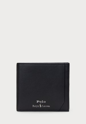 Carteira preta de couro com uma textura suave, design dobrável, apresentando um slot para cartão na parte frontal e o logótipo em relevo "Polo Ralph Lauren".