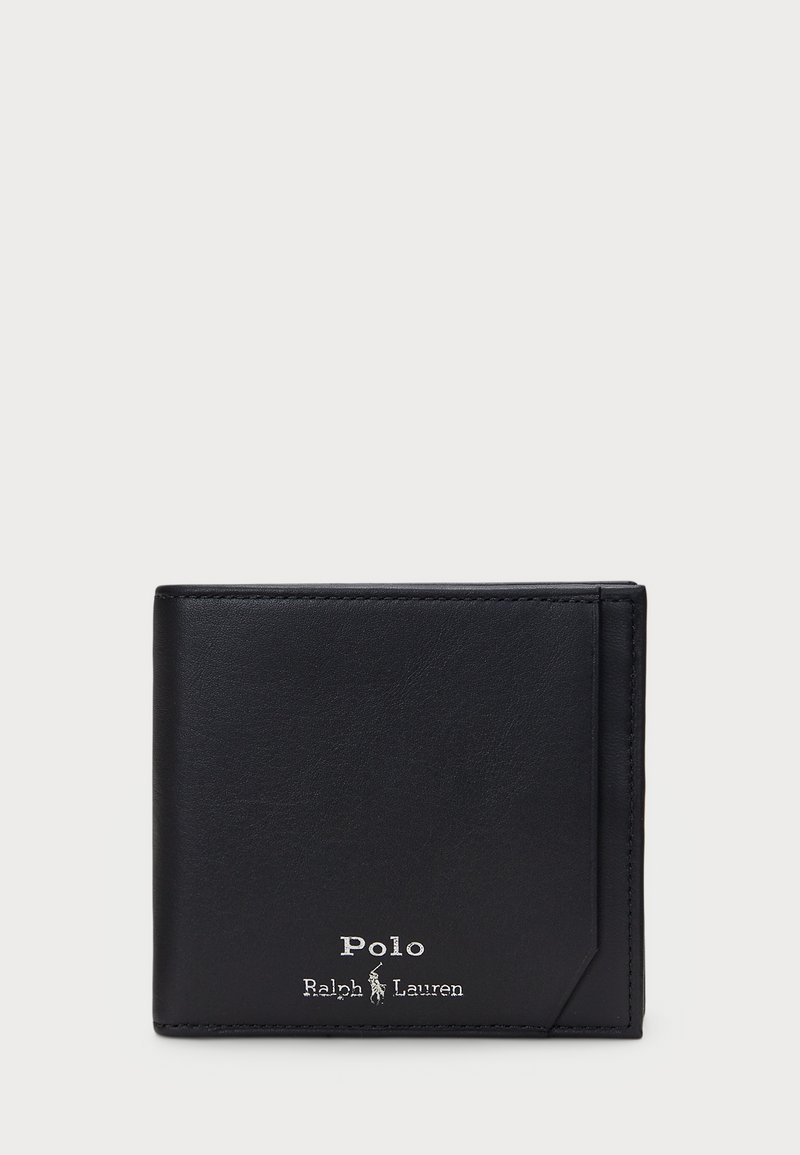 Fekete bőr pénztárca sima textúrával, két hajtós dizájnnal, elülső kártyafakkal és dombornyomott "Polo Ralph Lauren" logóval.