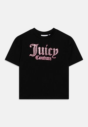 Czarny T-shirt z krótkim rękawem z różowym gotyckim napisem "Juicy Couture" na piersi.