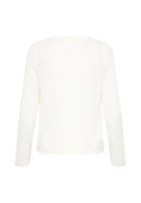 Vue de dos d’un pull en maille blanc uni à manches longues et col rond, sans motifs ni ornements visibles.
