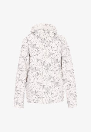 Hvid jakke med et botanisk gråt bladmønster, der har hætte, lynlås-lukning og tekstureret stof. Velegnet til afslappet udendørs brug.
