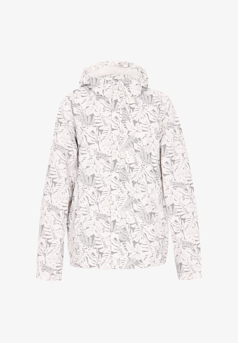 Hvid jakke med et botanisk gråt bladmønster, der har hætte, lynlås-lukning og tekstureret stof. Velegnet til afslappet udendørs brug.