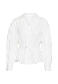 Camicia bianca in cotone con vita aderente, chiusura frontale a bottoni e maniche lunghe a palloncino. Presenta un colletto classico e una texture liscia.