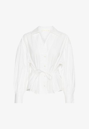 Weißes Hemd aus Baumwolle mit tailliertem Schnitt, Knopfleiste und langen Ballonärmeln. Es hat einen klassischen Kragen und eine glatte Textur.