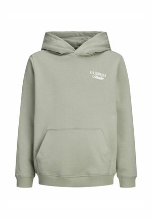 Grüner Kapuzenpullover aus weichem Stoff mit einer Vorderasche und einem weißen "ORIGINALS"-Druck auf der Brust. Gerippte Bündchen und Saum.