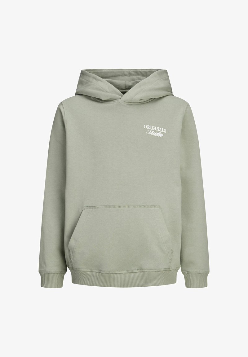 Zielona bluza z kapturem, wykonana z miękkiego materiału, posiada kieszeń z przodu oraz biały nadruk "ORIGINALS" na klatce piersiowej. Rękawy i dół wykończone ribbingiem.