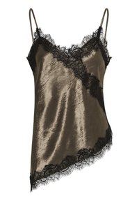 Kamisole med blonderkant i mørkeoliven satin. Har justerbare stropper og en let asymmetrisk snit med en krøllet struktur.