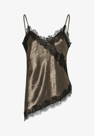 Kamizola od tamno maslinastog satena ukrašena čipkom. Ima podesive naramenice i blago asimetričan kroj s nabranom teksturom.