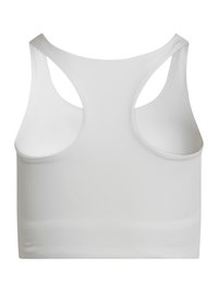 Valge õmblusteta racerback-stiilis spordirinnahoidja laiade õlapaeltega ning sileda, veniva kangaga.