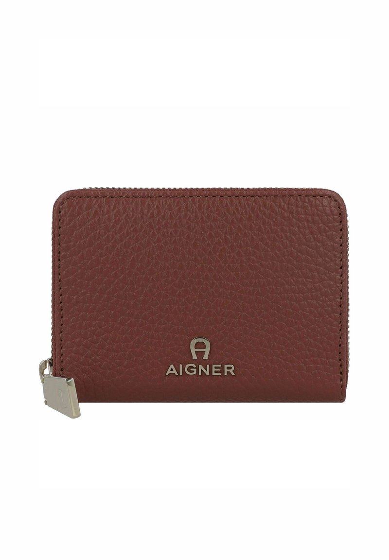 Aigner zip-around wallet in textured dark red leather, featuring a silver logo and metal zipper pull, with a structured rectangular shape.