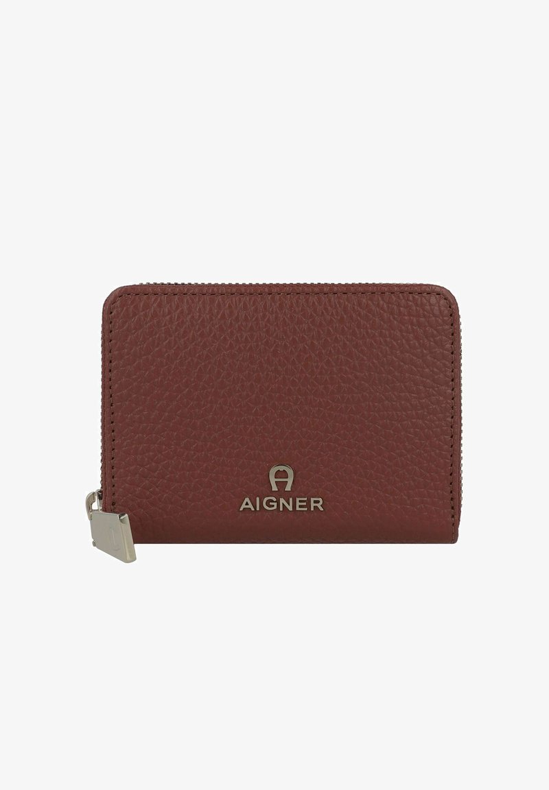 Aigner zip-around wallet in textured dark red leather, featuring a silver logo and metal zipper pull, with a structured rectangular shape.