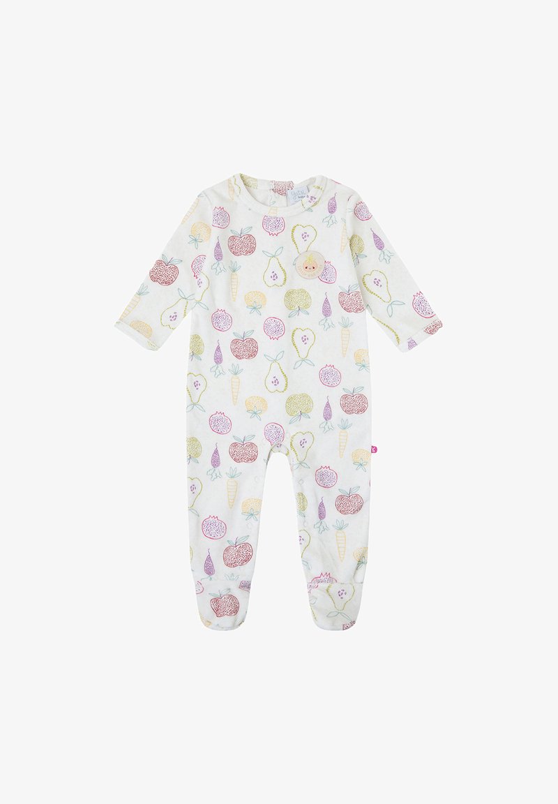 Pijama de tela blanca con un estampado colorido de frutas y verduras. Mangas largas, diseño con pies cubiertos y escote redondo.