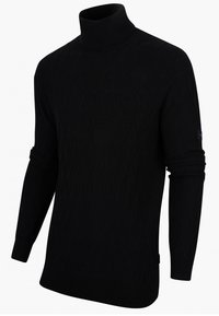 Czarny sweter z golfem o teksturowanym, diamentowym wzorze, z długimi rękawami i dopasowanym krojem. Ściągacze przy mankietach i dekolcie. Miękka tkanina.