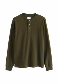 Koszulka henley z długim rękawem w oliwkowym kolorze, z dzianiny wafelowej, z prążkowanymi mankietami i trzema guzikami przy kołnierzyku.