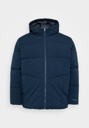 Navy blue padded winter jacket with hood, front zipper, and long sleeves, displayed against a plain background.