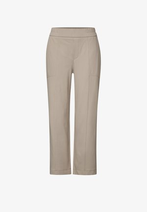 Beige avatut housut, joissa on sileä pinta, joustava vyötärö ja sivutaskut. Sisältää pystysuorat ompeluyksityiskohdat lisäsuunnittelua varten.