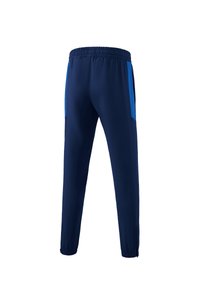 Marineblauwe sportbroek met elastische tailleband, voorzien van blauwe zijaccenten, taps toelopende benen en twee zijzakken. Gladde, lichte stof.